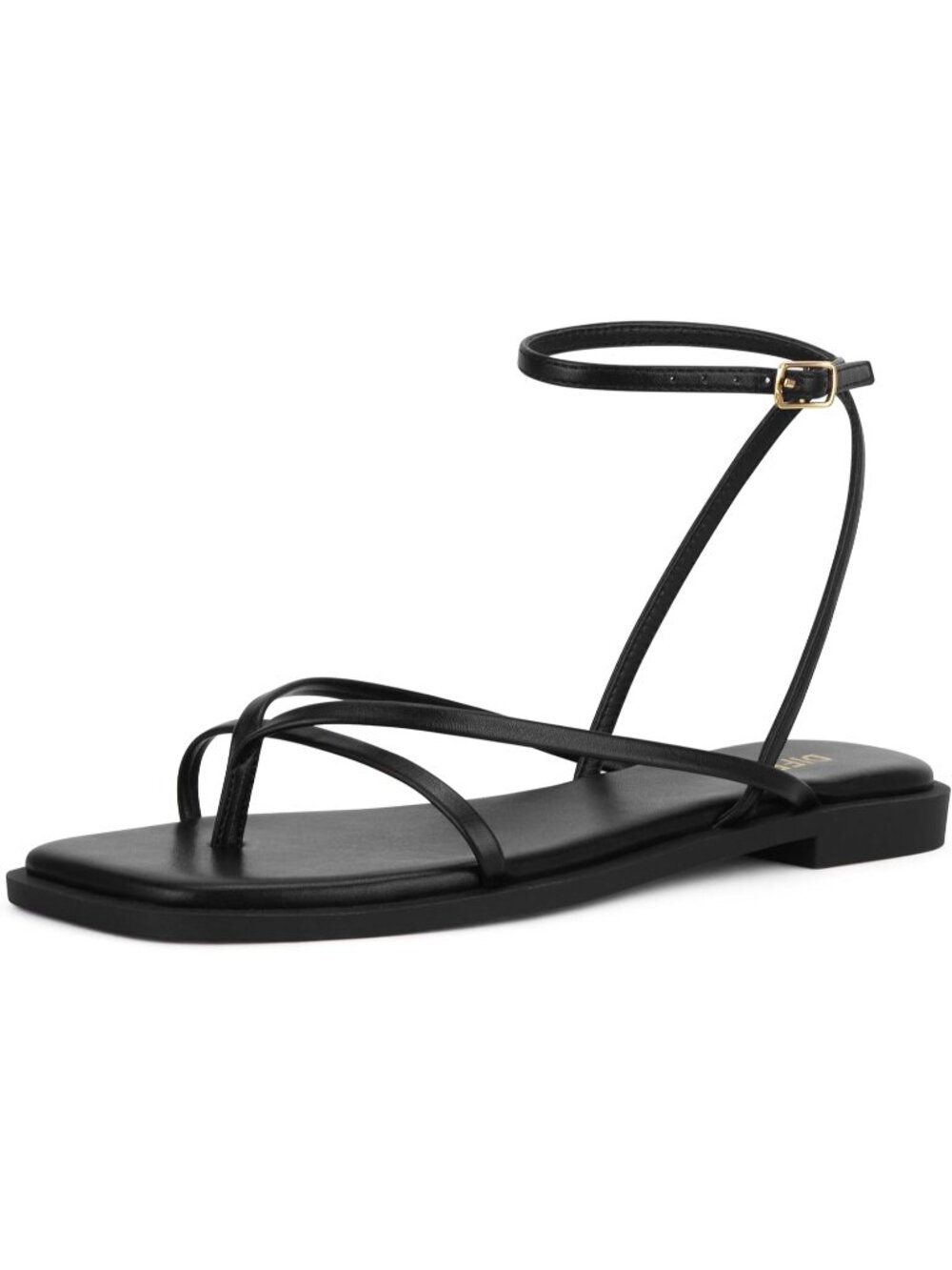 🆕Women's All Black Flats Sandals Square Toe Strappy Ankle Strap Casual